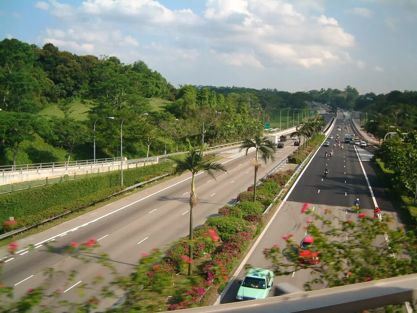 Traffic moving along a tree lined Singapore expressway